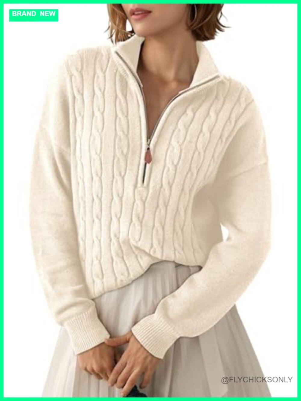 Women's Quarter Zip Ribbed Cable Knit Pullover Sweater V-Neck Long Sleeve